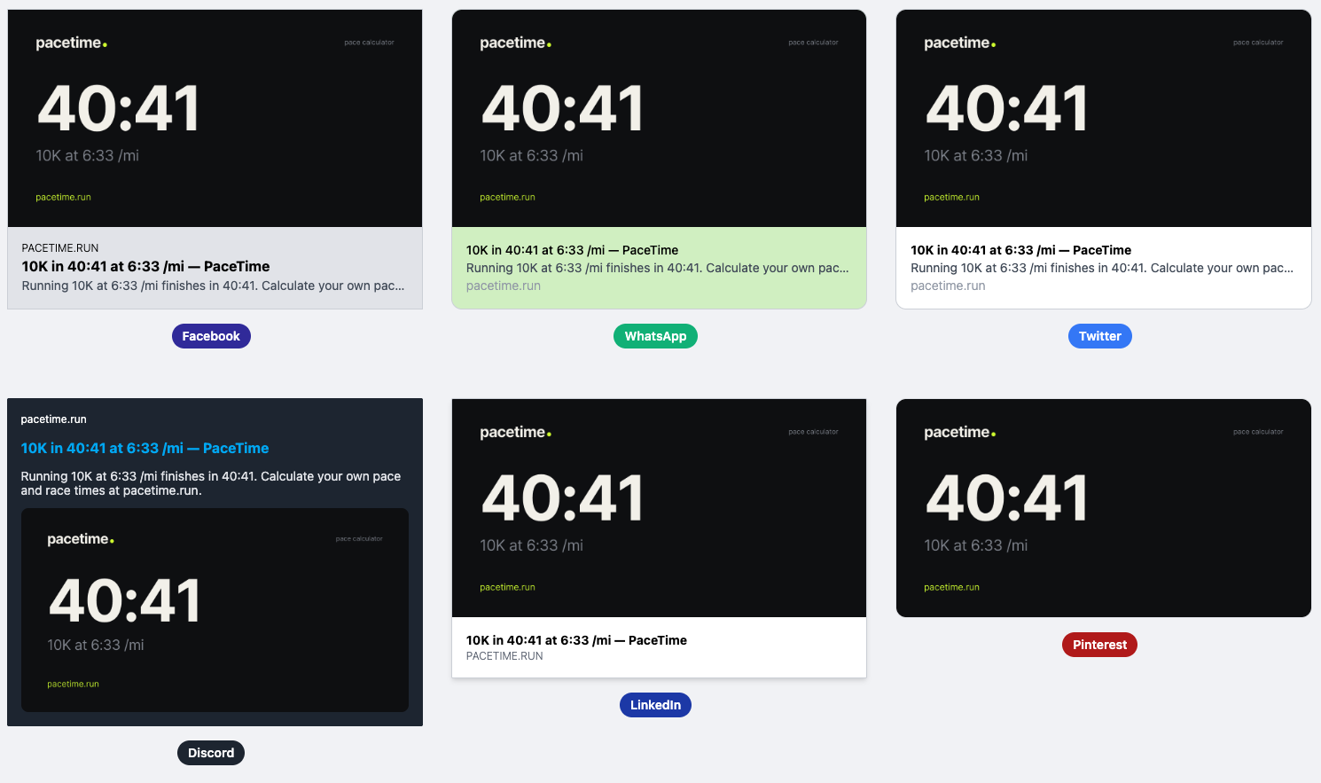 The same PaceTime URL rendering with its computed result baked into the OG preview across Facebook, WhatsApp, Twitter, Discord, LinkedIn, and Pinterest